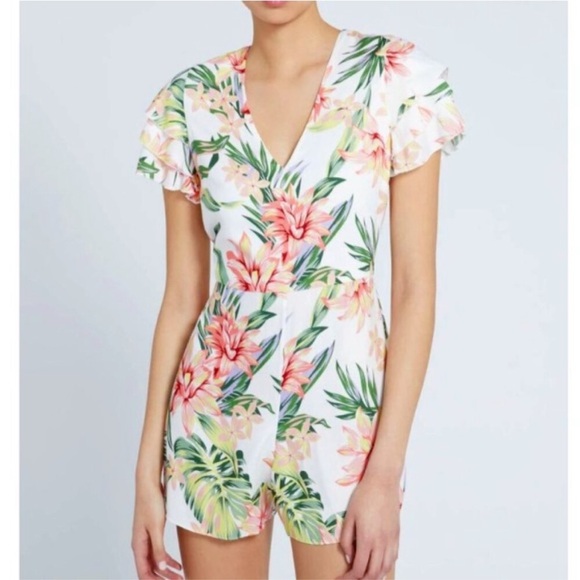NWT Alice + Olivia 'Macall' Flutter-Sleeve Hibiscus Floral Romper Multicolor